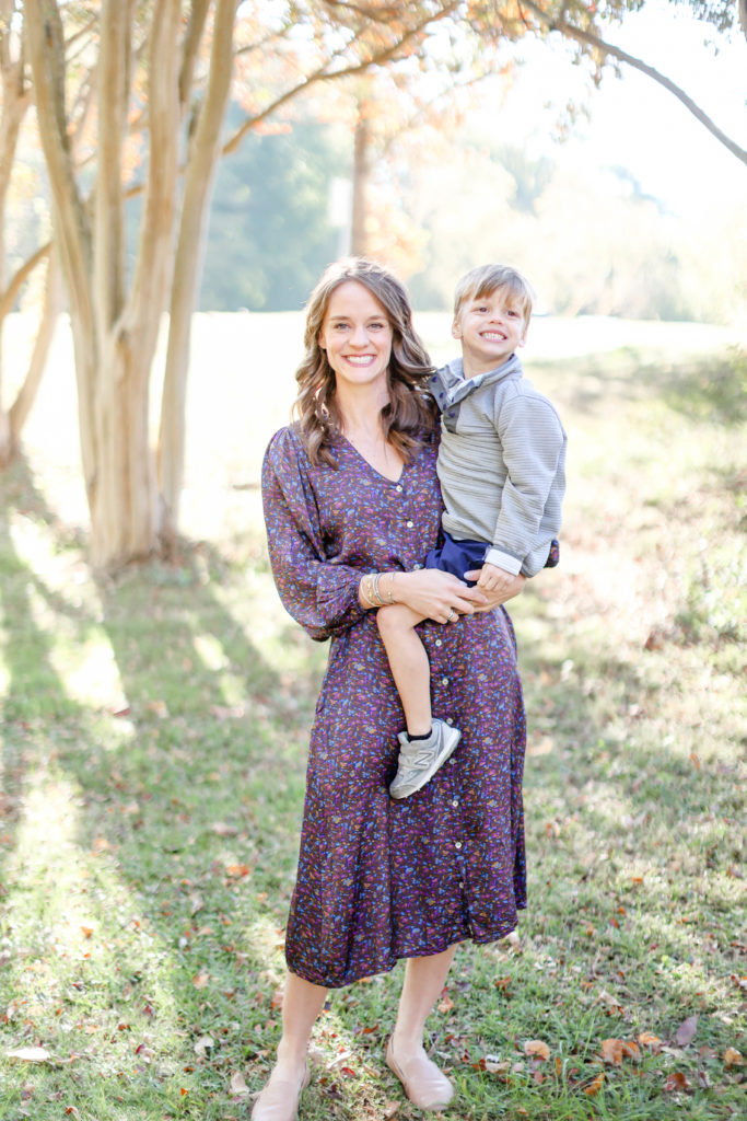 A mother and son during a fall family photo session in Greenville, SC with Jenny Macy Photography.